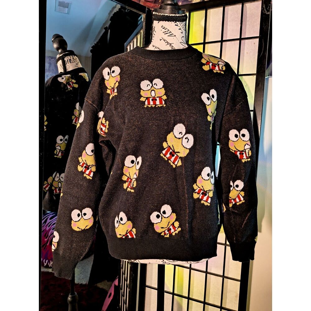 f21 Forever21 Sanrio Keroppi frog print black green winter comfy sweater EUC sm